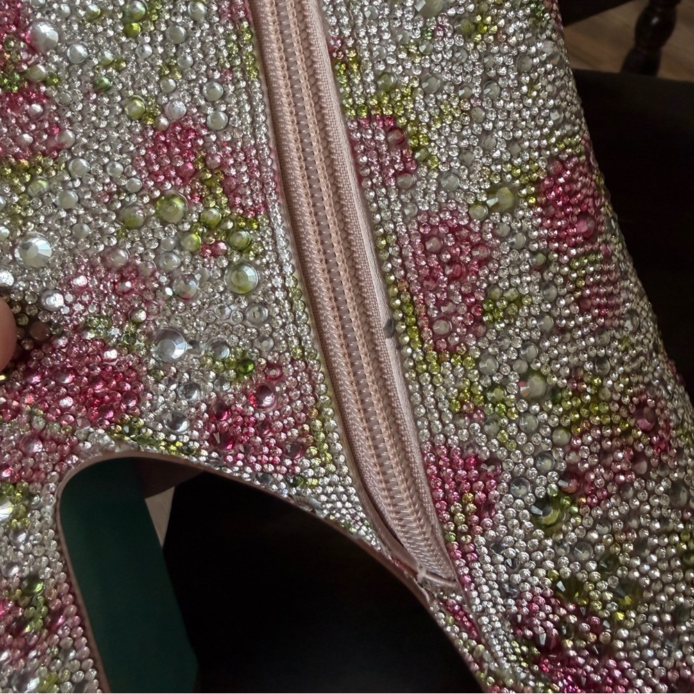 Betsey Johnson Della Pink Floral rhinestone Platform Boot with Teal Heel - Picture 10 of 16
